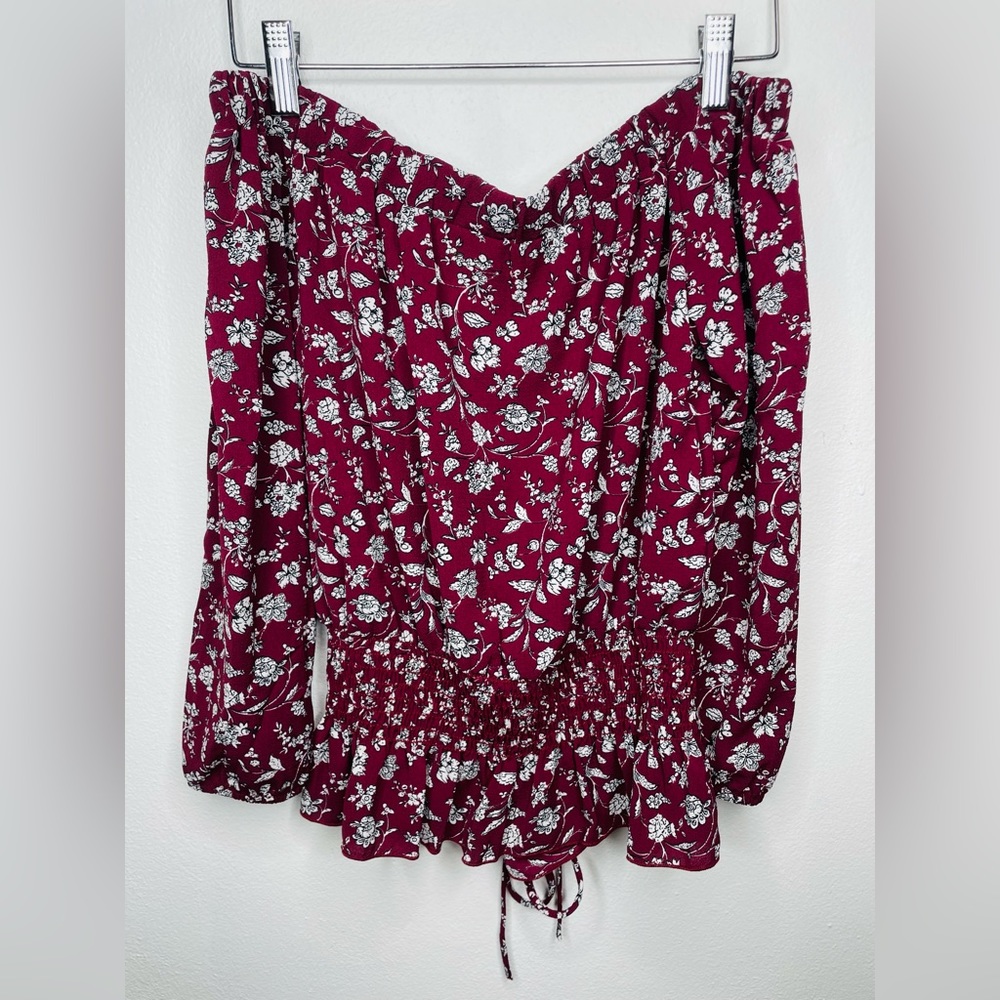 Chocolate  Women’s Strapless Floral Maroon Long Sleeve Top w/Front Tie. - Picture 4 of 5